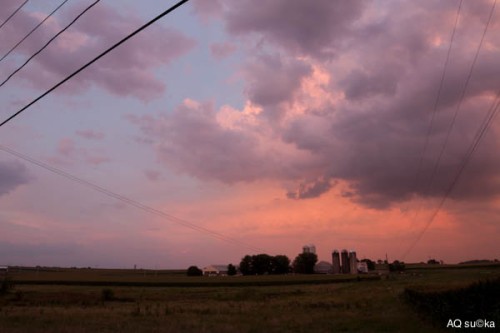 Farm, Pink Clouds and Blue Sky